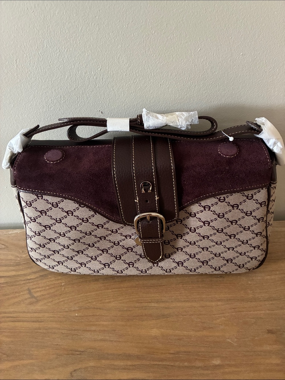 Etienne Aigner Plum Suede & Brown Monogram Shoulder Bag